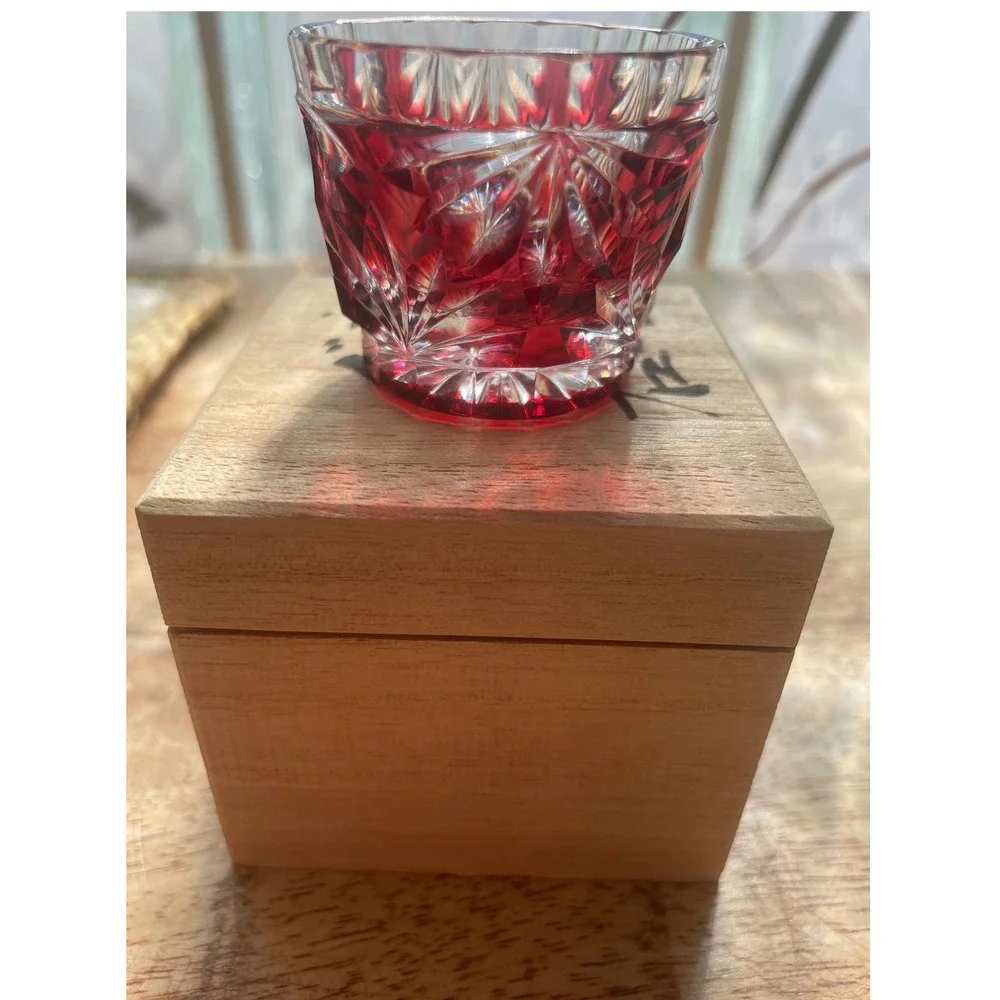 Vtg Wako Ginza Tokyo Edo Kiriko Ruby Red Cut Glass Sake Cup Guinomi Signed Boxed